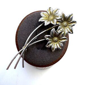 VTG Solid Sterling Silver 925 Sunflower Design Brooch Size 2.5" Length